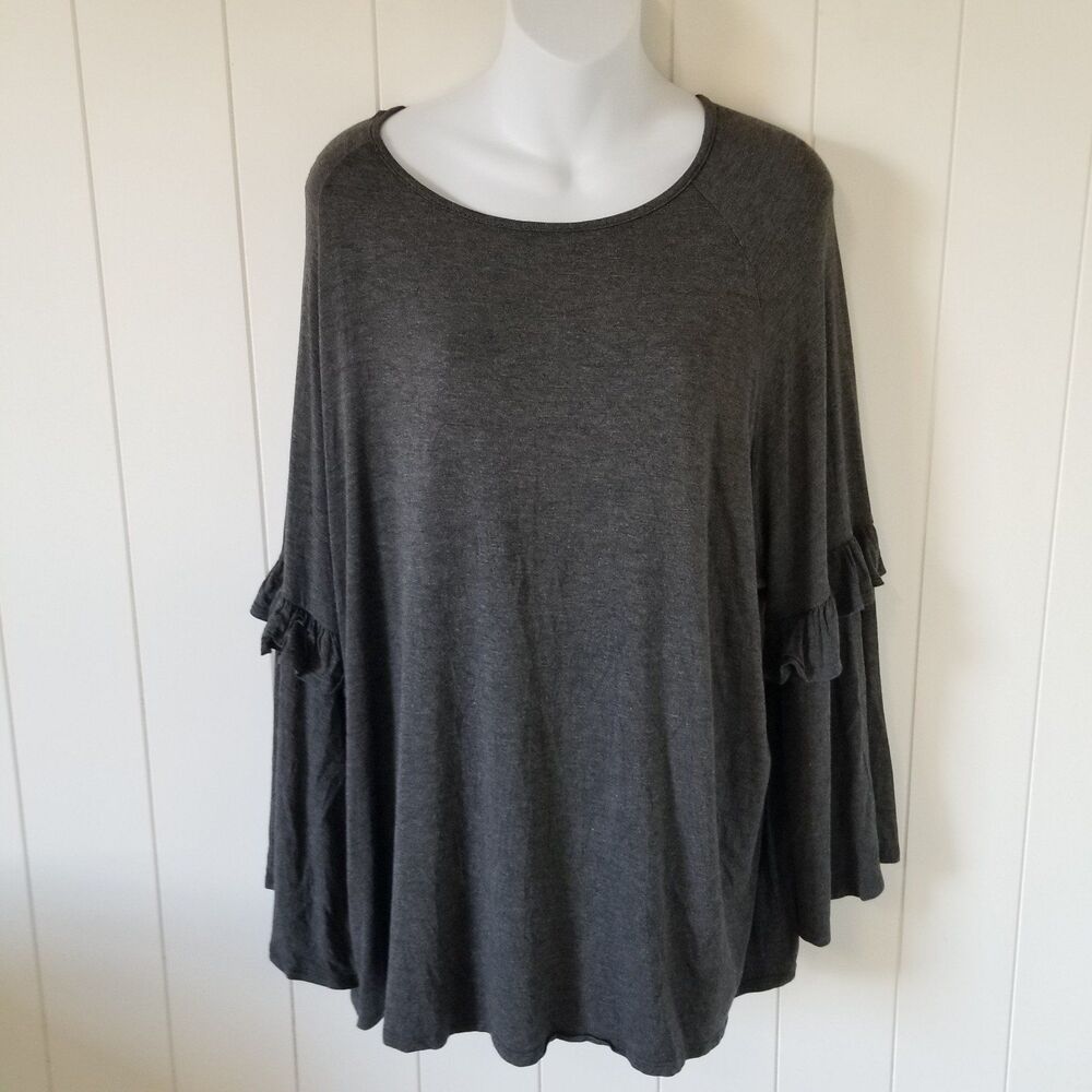 Acting Pro Boho Top Women's Plus 2X Gray Bell Sleeve Stretch